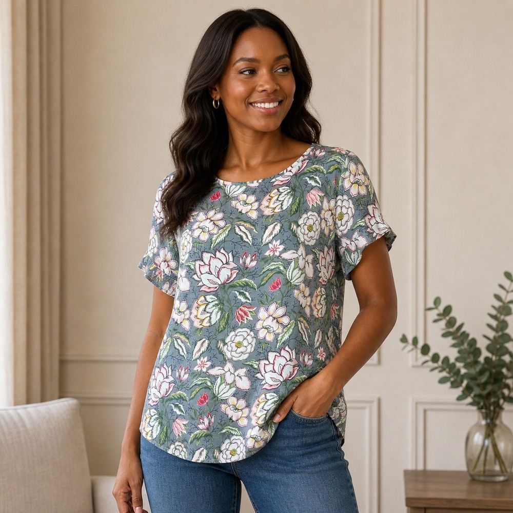 LOFT Womens Blue Floral Mixed Media Scoop Neck Short Sleeve Blouse Size SM